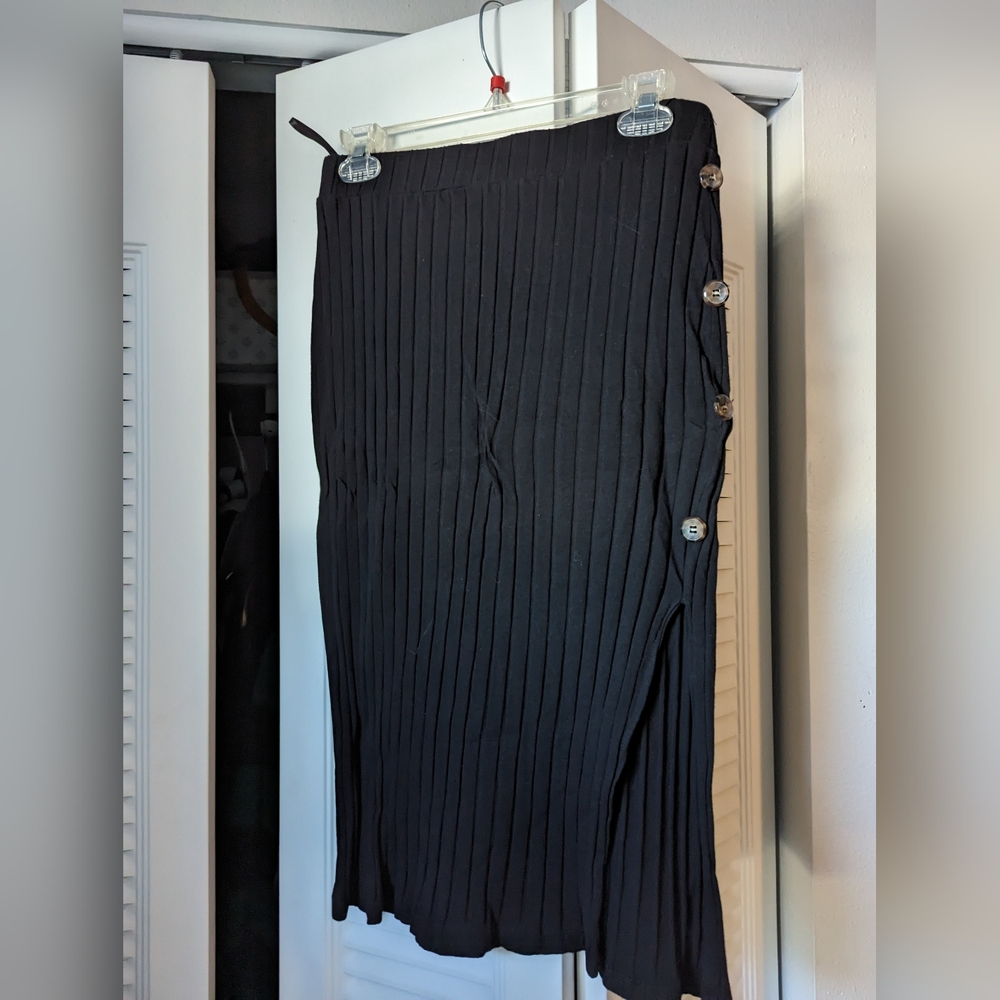Pleated Black A-Line Skirt with faux buttons